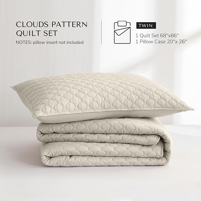 HORIMOTE HOME Quilt Set Twin Size Beige Bedspread, Modern Style Quilted Clouds Pattern Soft Coverlet Set Lightweight Microfiber Quilted Bedspread for All Season, Includes 1 Quilt and 1 Pillow Sham