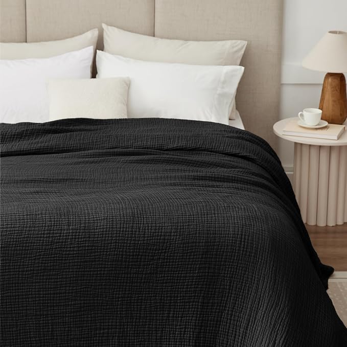 100% Cotton Muslin Blanket Queen 90" x 90", 6 Layers Breathable and Lightweight Cotton Throw Blankets for Bed, Soft Cooling Summer Gauze Blanket for Adults All Season, Black