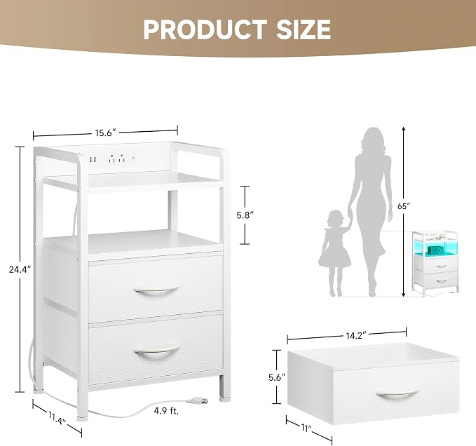 Lazzanto Nightstand with Rear Charging Station, LED Light, 2 Drawers, White | Industrial Nightstand, 2 USB-A Ports & AC Outlets, Raised Back Guard, Fabric Storage Drawers, Bedside Table for Bedroom, Dorm