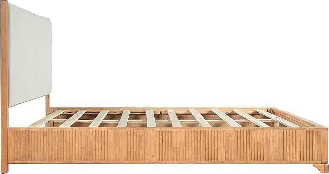 Christopher Knight Home Jill Modern Queen Bed Frame with Headboard, Bed Frame Queen with Upholstered Headboard, Wooden Queen Platform Bed Frame with Slat Supports, No Box Spring Needed, Natural+White