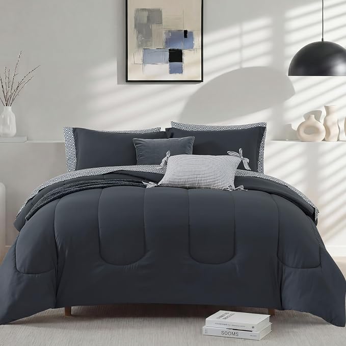 Monbix Full Size Comforter Sets-7 Pieces Soft Bed in a Bag Full Bedding Set | All Season Blue Grey Track Stitching Comforter Bed Set with Printed Sheets, Pillowcases & Shams