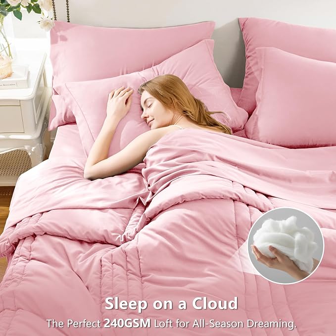 Twin XL Comforter Set Pink - 5 Pieces Complete Bedding Set | College Dorm Essentials, OEKO-TEX Certified, 240GSM Down-Alternative Comforter, 14" Deep-Pocket Sheets, Sham & Pillowcase
