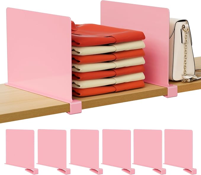 HBlife 6 Pack Closet Organizers and Storage, Pink Shelf Dividers, Vertical Purse Organizer for Closet Perfect for Sweater, Shirts, Handbags in Bedroom and Kitchen, Acrylic Bookshelf for Organization