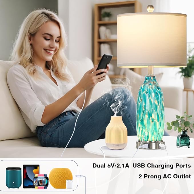 Rinweey 26" Peacock Green Glass Table Lamp for Bedroom Living Room,Coastal Nautical Bedside Lamps with USB Ports & AC Outlet,Touch Lamps with Night Light,Single Peacock Green