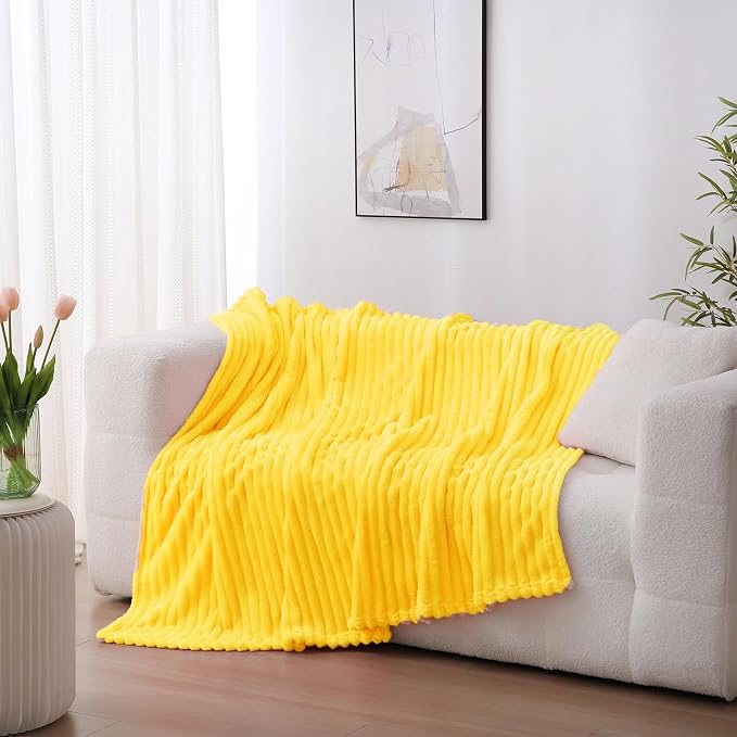 Bright Yellow Fleece Throw Blanket 60”×80” for Couch Sofa Livingroom | Super Soft Cozy Plush Microfiber Flannel Bed Blanket Striped Design Lightweight Home Decor Gifts for Adults Mom Women