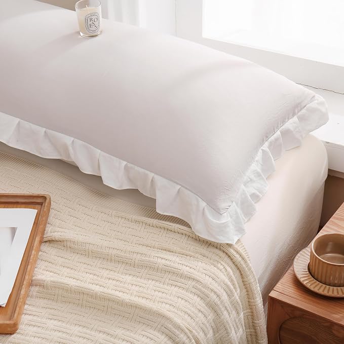 Merryword Beige Pillow Shams Beige and White Reversible King Pillowcases Cute Pillow Cover Set of 2 Soft Shabby Chic Ruffled Pillowcases 2 Pack (King (20''x36''), Beige White)