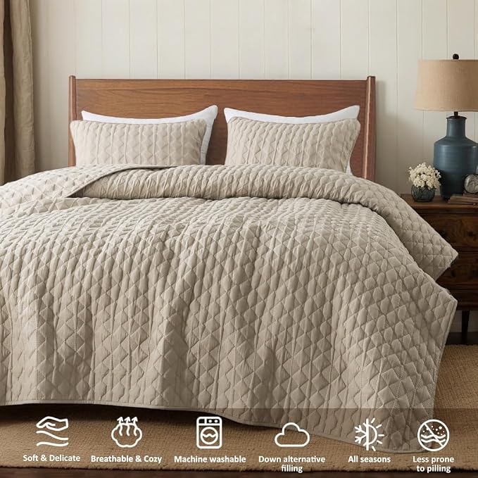 WDCOZY Oversized California Cal King Size Quilt Bedding Sets with 2 Pillow Shams, Beige Tan Cream Lightweight Soft Bedspread Coverlet Bed Cover, All Season Spring Summer, 3 Pieces, 116x106 inches