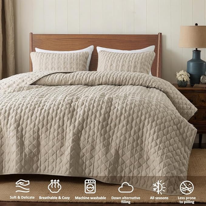 Beige Quilt King Size Bedding Sets with 2 Pillow Shams, Lightweight Soft Bedspread Coverlet, Quilted Blanket Thin Comforter Bed Cover, All Season Summer Spring, Tan Cream, 3 Pieces, 104x90 inches