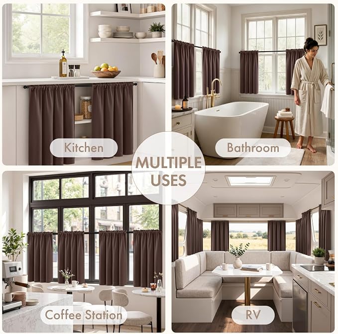 MIULEE 4-Panel 36 Inch Blackout Kitchen Tier Curtains Over Sink Dark Brown | Privacy Protection, Heat/Light Blocking, Cafe Curtains, Top&Bottom Rod Pocket, Suitable for Small Windows, Soft&Durable