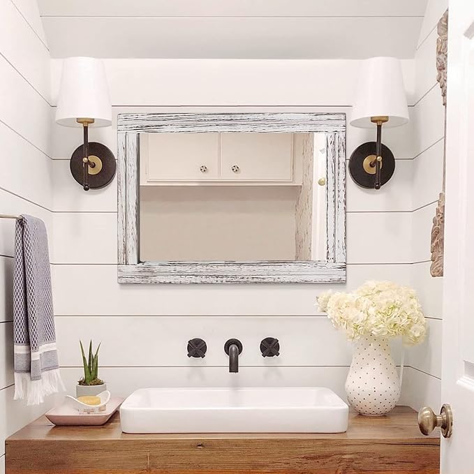 AAZZKANG Large Wall Mirrors with Rustic Wood Framed 28"x20" Rectangle | Decorative Farmhouse Bedroom Bathroom Living Room Entryway