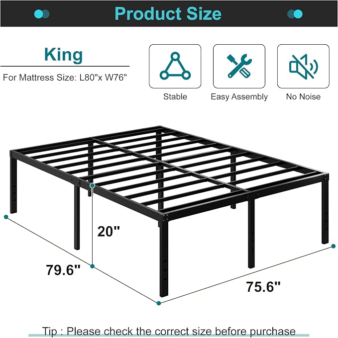 Maenizi 20 Inch King Bed Frame No Box Spring Needed Support Up to 3000 lbs | King Platform Bed Frame Heavy Duty Easy Assembly, Noise Free, Black