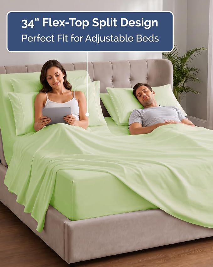 Extra Deep Flex Top Split Head King Sheet Set - 6 Piece Breathable and Cooling Sheets - Hotel Luxury Bedding for Women, Men, Kids & Teens - Easy Secure Fit - Extra Deep Pockets - Light Sage Green