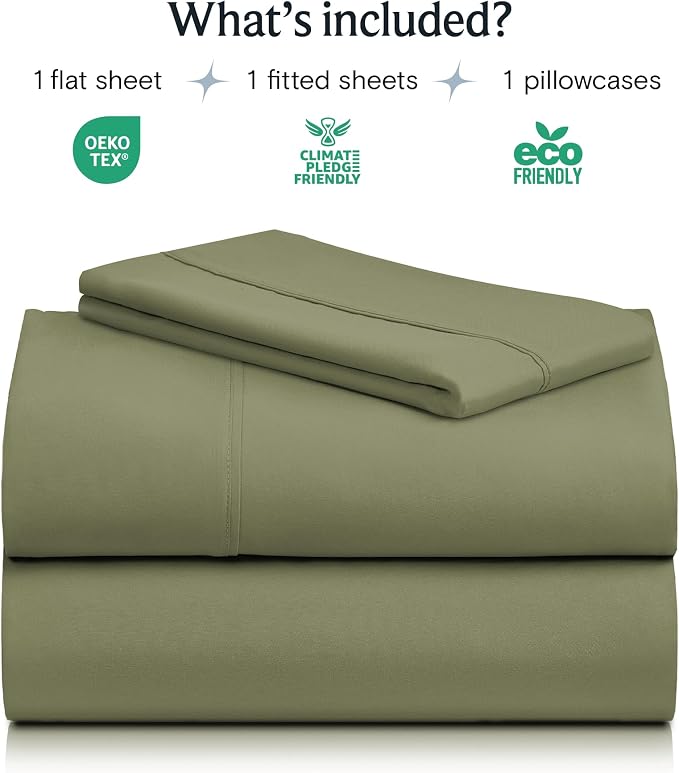 LuxClub 3 PC Twin Sheet Set, Deep Pockets Wrinkle Free Cooling Bed Sheets Hotel Bedding for Women, Men, Kids & Teens, Includes 1 Fitted Sheet, 1 Flat Sheet and 1 Pillowcase-Silky Soft Olive | LUXCLUB Cooling Twin Size Fitted Sheet & Pillowcase Sets, Br...