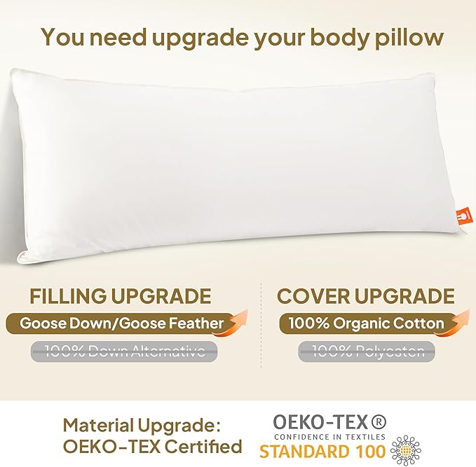 Goose Down Body Pillows for Adults, Large Body Pillow for Side Sleeper, Hugging Feather Body Pillow Insert, Cooling Full Length Long Pillow for Bed with 100% Organic Cotton Shell, (White 20"x72")