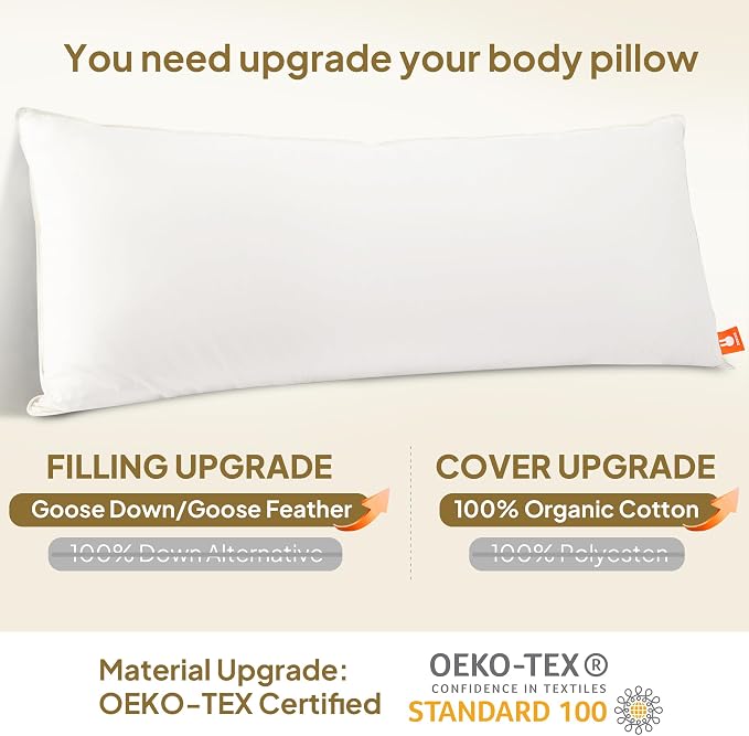 Goose Down Body Pillows for Adults, Large Body Pillow for Side Sleeper, Hugging Feather Body Pillow Insert, Cooling Full Length Long Pillow for Bed with 100% Organic Cotton Shell, (White 20"x60")