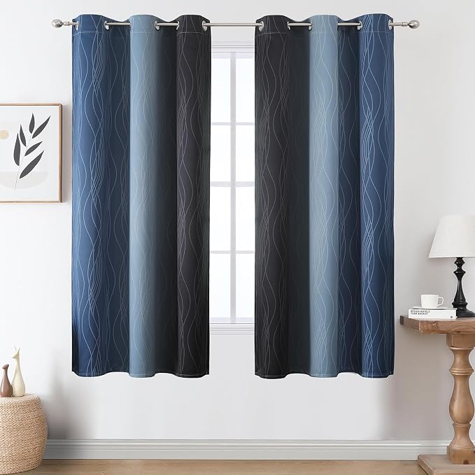 Navy Blue and Black Ombre Blackout Curtains for Bedroom 63 Inches Long | Estelar Textiler Room Darkening,Thermal Insulated,Full Light Blocking,Grommet Window Drapes for Living Room,42Wx63L,2 Panels