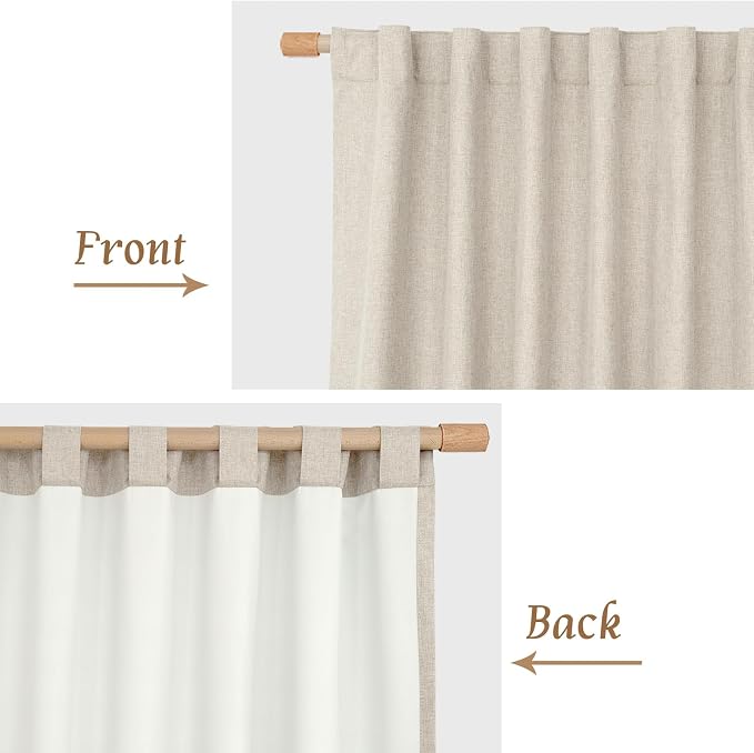 Natural 100% Blackout Linen Curtains 48 Inches for Kitchen 2 Panels | Thermal Insulated, Bedroom Window Curtains, Privacy Panels, Rod Pocket Back Tab with White Liner, 42 x 48 Inch, Oatmeal