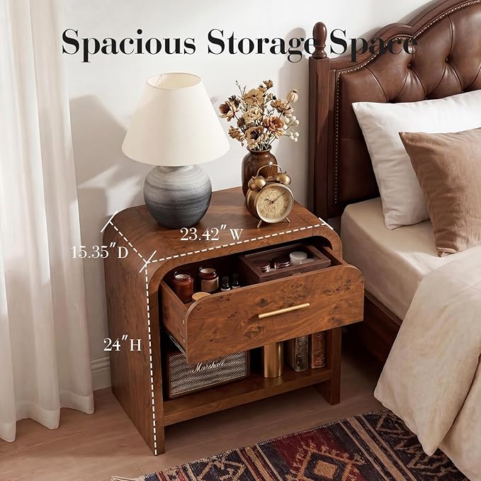 Night Stand Set of 2 [Unique Curved Profile] [FSC-Certified Wooden Board] 1-Drawer and 1 Storage Shelf Nightstand 24" H Metal Handle Modern Bedside Table Side Table End Table | [Curved Profile] [FSC-Certified Wooden Board] Nightstand 24" H Metal Handle...