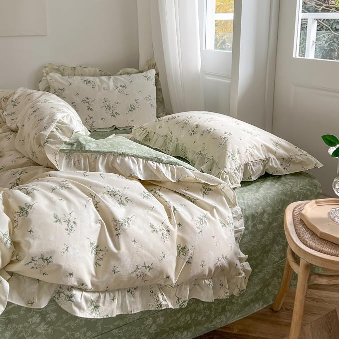 mixinni Reversible Sage Green Floral Duvet Cover Set Queen Size - 100% Cotton Cute Botanical Patterns Bedding Set with Ruffle Lace, 3PCs Beige Soft Aesthetic Cottagecore Style Duvet Cover for Girls