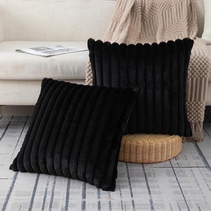 ZLINA Black Striped Faux Fur Throw Pillow Covers 26 x 26 Inch | 2‑Pack, boho striped pillow covers,velvet back,fuzzy plush cushion covers , for sofa bed livingroom home decor