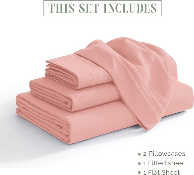 Elegant Comfort Luxurious 1500 Premium Hotel Quality Microfiber Three Line Embroidered Softest 4-Piece Bed Sheet Set, Wrinkle and Fade Resistant, Twin/Twin XL, Dusty Rose