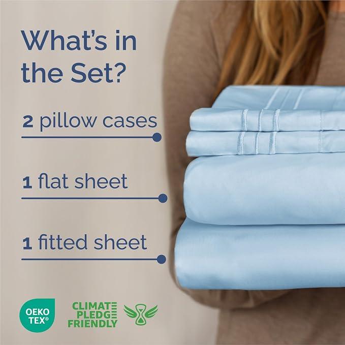 King Size 4 Piece Sheet Set - Breathable & Cooling Sheets - Light Blue | Hotel Luxury Bed Sheets for Women & Men, Deep Pockets, Easy-Fit, Extra Soft and Wrinkle Free Sheets, Oeko-Tex Bed Sheet Set