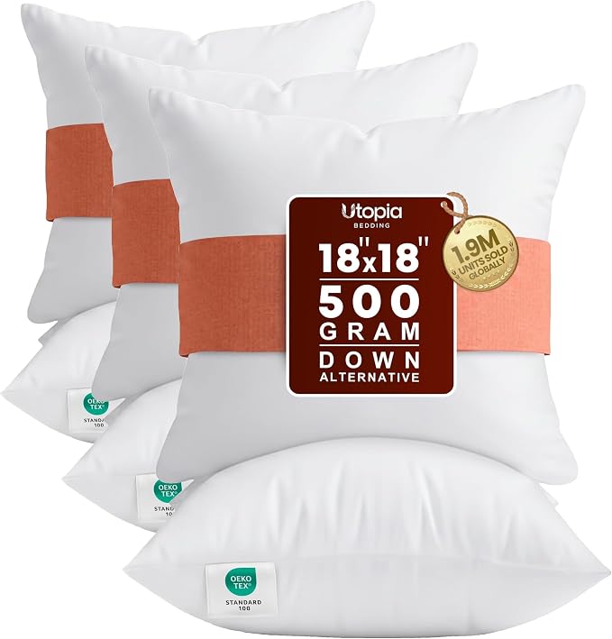 Utopia Bedding 18x18 Pillow Inserts, Set of 2, White – Indoor Decorative Throw Pillows for Bed, Sofa & Couch – Soft, Supportive & Fluffy Cushion Inserts (Pack of 3)