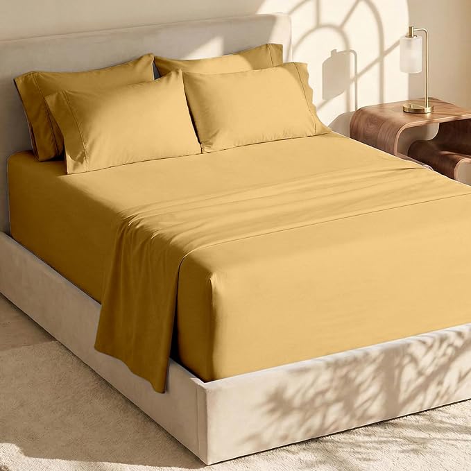 Hearth & Harbor Extra Deep Pocket Queen Sheets Sets - Fits Mattress 18-24 Inches Deep - Extra Deep Pocket Sheets - 6 Piece Queen Size - Camel