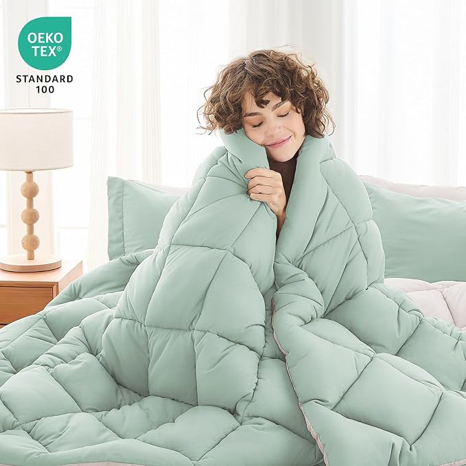 5 Pieces Twin Comforter Set, Reversible Bed in a Bag Twin Size, All Season Bedding Set with Comforter, Flat Sheet, Fitted Sheet, Pillowcases & Shams, Sage Green & Beige