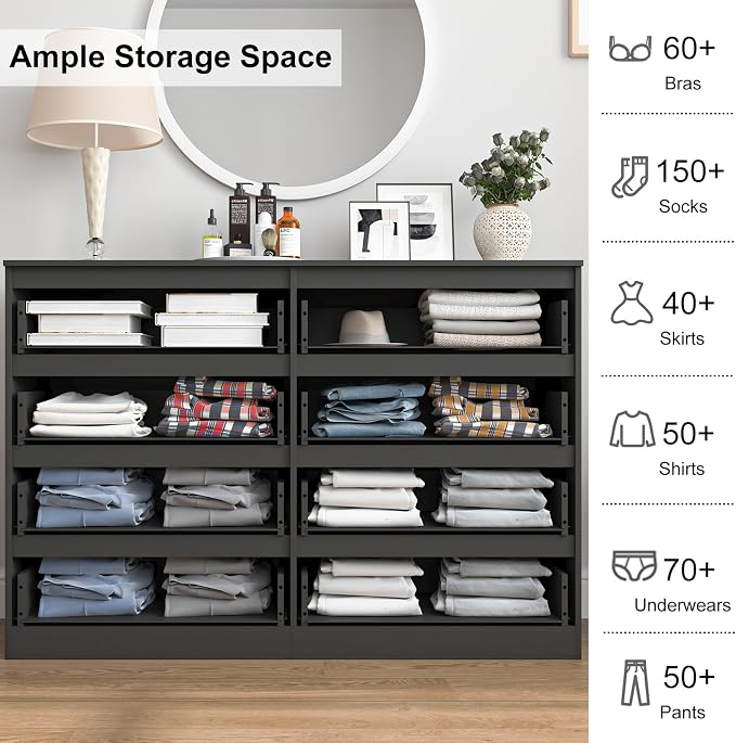 Vibe & Dine 8 Drawer Double Dressser, Modern Chest of Drawers with Wide Storage for Closet, Bedroom, Living Room, Black
