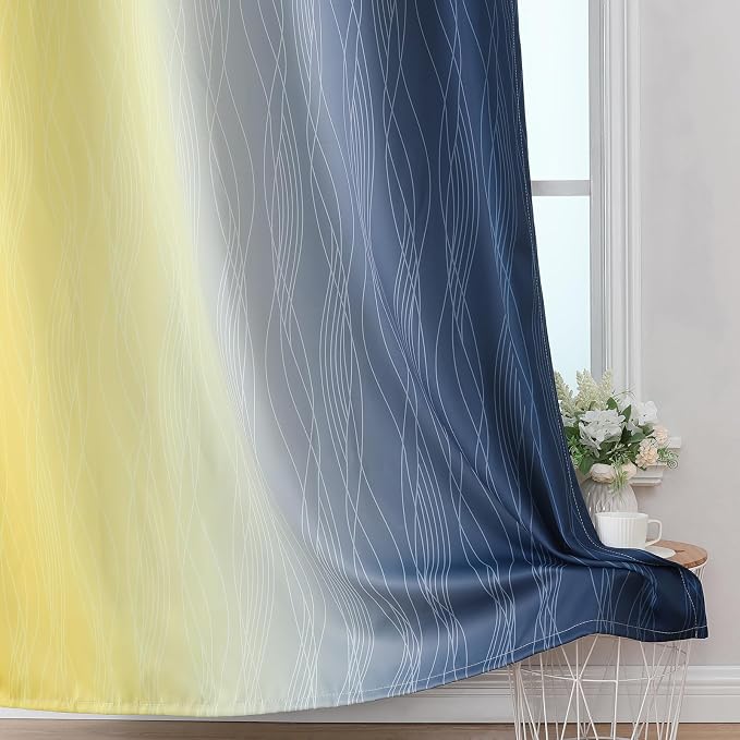 Navy Blue and Yellow Ombre Blackout Curtains for Living Room 84 Inch Long | Estelar Textiler Room Darkening Gradient Curtains for Bedroom,Thermal Insulated,Energy Saving Grommet Drapes,52Wx84L,2 Panels