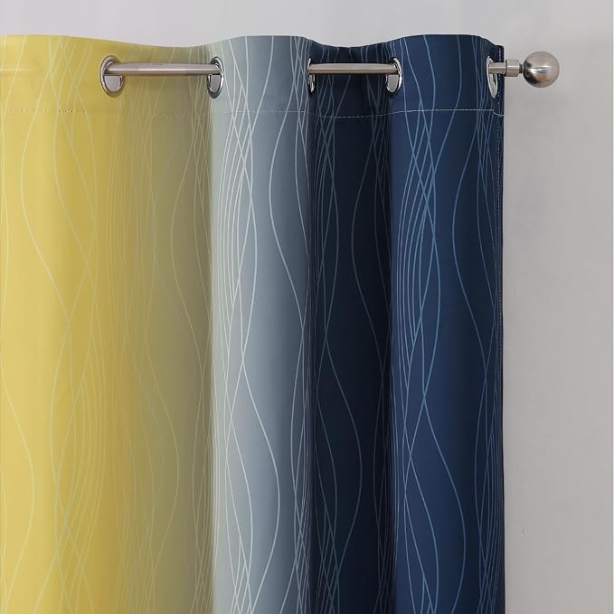 Navy Blue and Yellow Ombre Blackout Curtains for Living Room 84 Inch Long | Estelar Textiler Room Darkening Gradient Curtains for Bedroom,Thermal Insulated,Energy Saving Grommet Drapes,42Wx84L,2 Panels