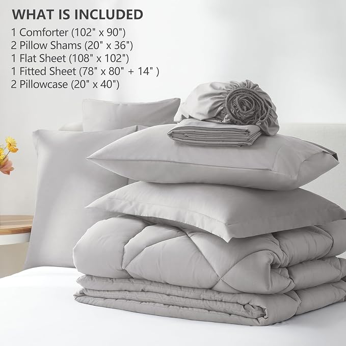 King Size Comforter Set French Grey - 7 Pieces Bed in a Bag | OEKO-TEX Certified, All Season, 240GSM Down-Alternative Comforter, Sheets, Pillowcases & Shams, 14" Deep Pocket, Easy Care