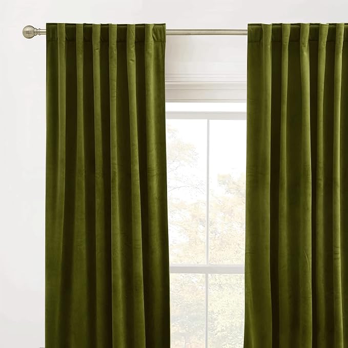 RYB HOME Velvet Curtains 96 inches Long for Sliding Patio Door | Thermal Insulated, Privacy UV Heat Blocking, Back Tab, Room Divider for Space Separation, W62 x L96, Moss Green, 2 Panels