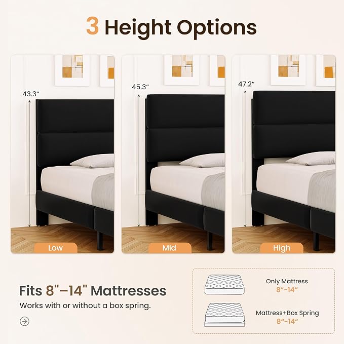 GRUSIGN Full Size Platform Bed Frame with Velvet Headboard, Adjustable Height Wooden Slats Support, Upholstered Mattress Foundation, Fits Mattress or Mattress with Box Spring, Easy Assembly, Black