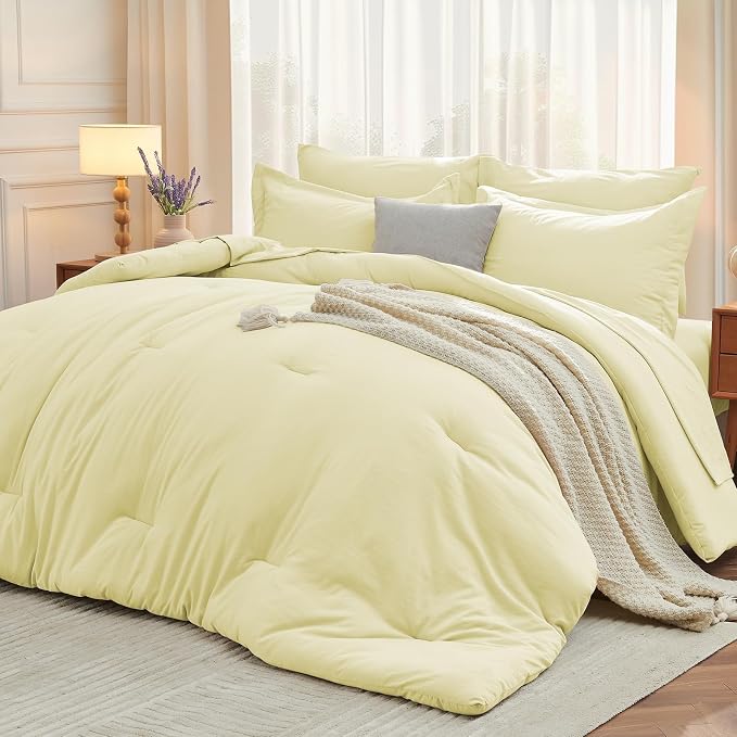 7 Pieces California King Comforter Set, Soft Bed in a Bag Cal King Size, All Season Bedding Set with Comforter, Flat Sheet, Fitted Sheet, Pillowcases & Shams, Cream Yellow