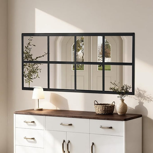 DUMOS 2Pcs Window Pane Wall Mirror, 16x32 Inch Black Framed Mirrors for Wall Decor Living Room, Black Metal Framed Big Square Mirror for Bathroom, Bedroom, Entryway