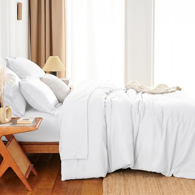 HIMEET King Comforter Set, 7-Piece Point-Quilted Bed in a Bag, White | OEKO-TEX Certified, Lightweight 240 GSM Comforter, Flat Sheet, 14-Inch Deep-Pocket Fitted Sheet, Pillowcases & Shams