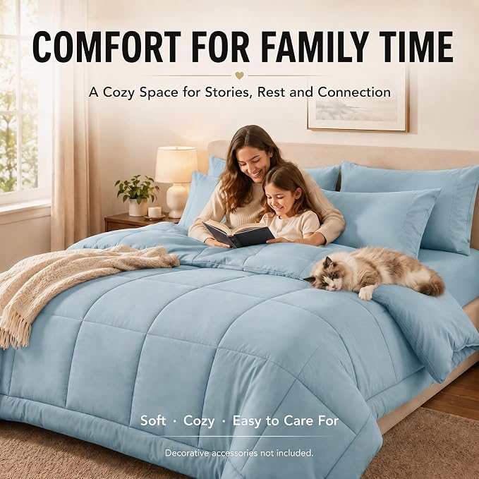King Size Comforter Set Light Blue - 7 Pieces Bed in a Bag | OEKO-TEX Certified, All-Season, Bedroom, Guest Room, Down-Alternative Comforter + Flat & Fitted Sheets + 4 Pillowcases