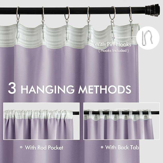 MIULEE Lilac Back Tab Blackout Curtains 52x120 Inch Long 2 Panels Set | Rod Pocket Pinch Pleated, Thermal Insulated, Bedroom Living Room Darkening Privacy Drapes, Extra Long Light Blocking Curtains
