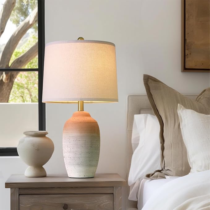 USumkky 24.5" Ceramic Table Lamp with 5FT Cord, Single Farmhouse Vintage Rustic Bedside Lamp for Living Room Bedroom Entryway, Linen Shade Nightstand End Table Decor (Bulb Not Included)-White&Brown