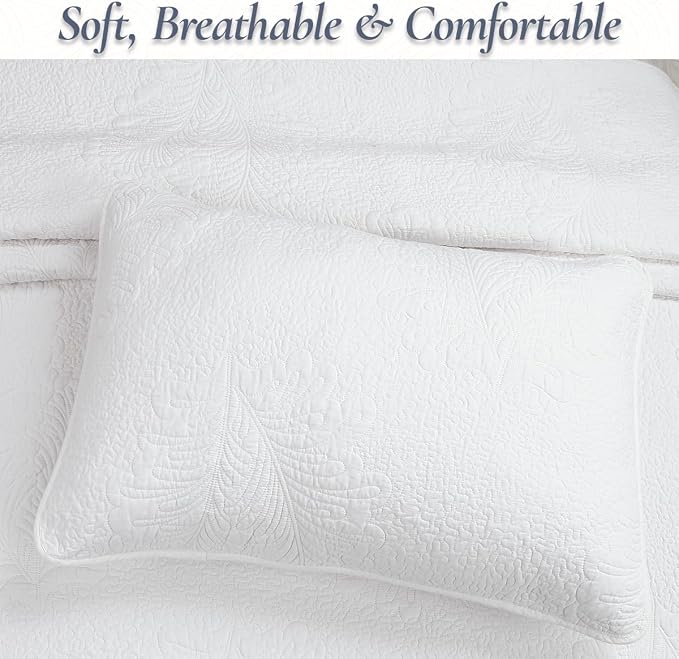 Cozy Line Home Fashions White 100% Cotton Quilt Set King | 3-Piece, Quilted Botanical Stitch Bedspread with Shams, Elegant, All Season Bedding