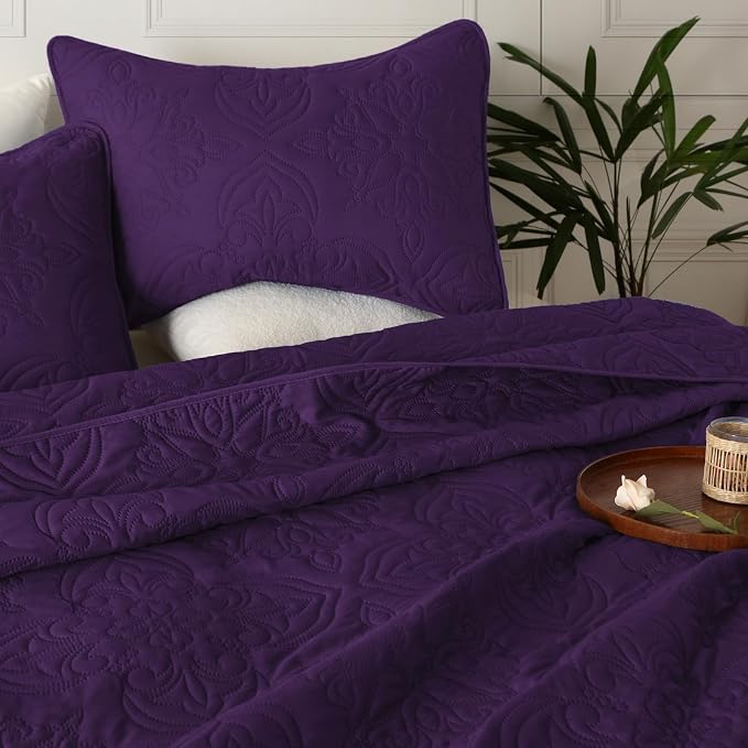 Whale Flotilla Cal King Quilt Set Vintage Damask Reversible Bedspread | Suitable for Bed, 3 Pieces Purple Lightweight Breathable Oversized Quilts, Ultrasonic Coverlet Bed Cover with 2 Pillow Shams