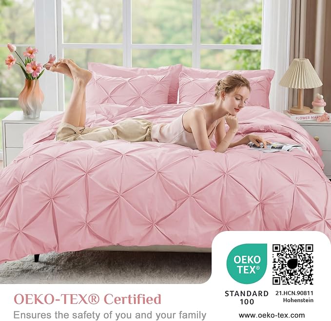 JOLLYVOGUE California King Comforter Set 7 Pieces - Bed in a Bag Cal King for All Season, Pintuck Bedding Comforter Sets with Comforter, Flat Sheet, Fitted Sheet and Pillowcases & Shams, Baby Pink