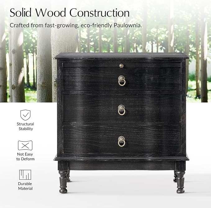HULALA HOME Solid Wood End Table with Charging Station, 3 Drawer End Table with Pull-Out Tray, USB & Type-C Ports, Traditional Curved Front Accent Side Table for Living Room Sofa, Charcoal