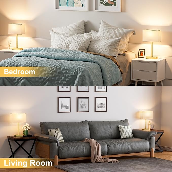 Hong-in Touch Lamps for Bedroom, Bedside Table Lamps Set 2, D. White&Gold | Modern Table Lamp for Nightstands, Desk Lamp for Bedroom, with USB C+A, End Tables Bed Side, Bulb Included, 3 Way Dimmable