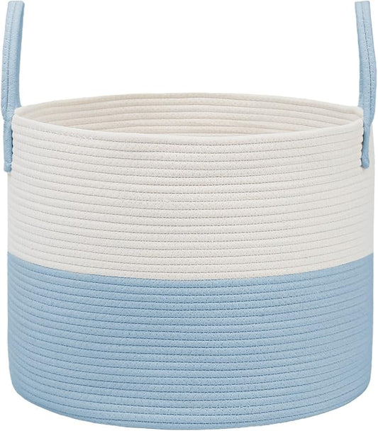 JMvicyroam 65L Extra Large Machine Washable Cotton Rope Blanket Basket | Collapsible laundry hamper, Reinforced handles, For blankets, pillows, toys and clothes, Living room and bedroom, White&Blue
