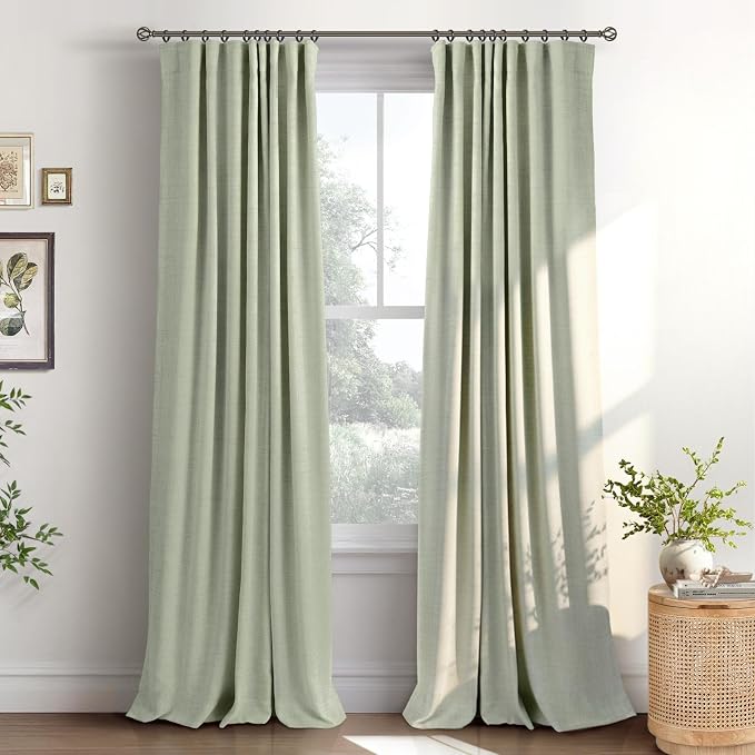 INOVADAY Sage Green Curtains 100% Blackout Curtains for Living Room 50X96 | Black Out Curtain 96 Inch Long for Bedroom 2 Panels, Clip Rings Linen Look Blackout Drapes, Thermal Insulated Room Darkening