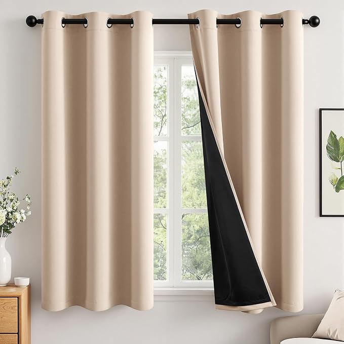 MIULEE Beige 100% Blackout Curtains for Bedroom 40x45 Inch Length 2 Panels | 2 Thick Layers Thermal Insulated Short Curtains with Black Liner, Noise Reducing Grommet, Drapes for Living Room