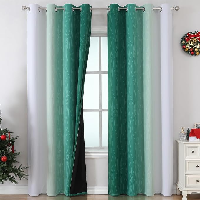 Green and Greyish White Blackout Curtains 52Wx90L 2 Panels | Ombre Curtains for Living Room 90 Inches Long,Thermal Insulated,Room Darkening,Energy Saving,Grommet Window Bedroom Drapes